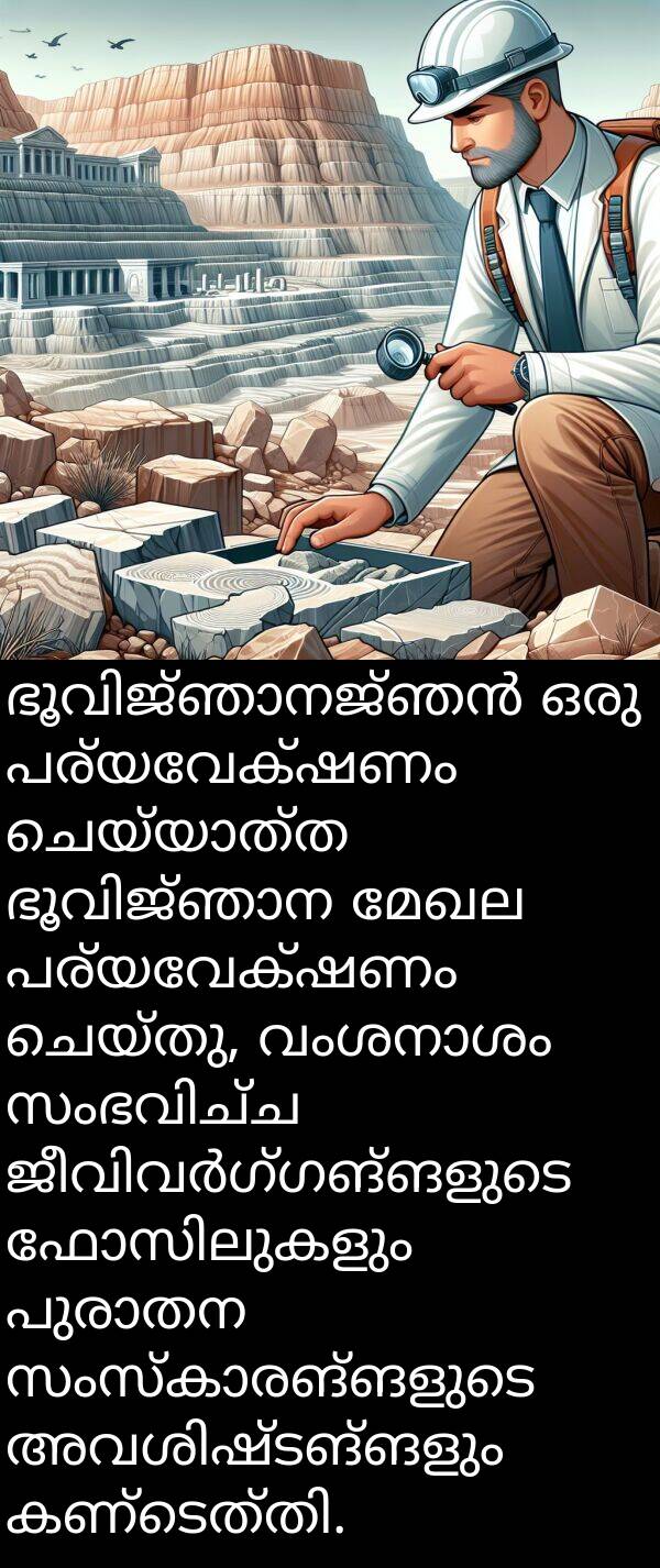 പര്യവേക്ഷണം: ഭൂവിജ്ഞാനജ്ഞൻ ഒരു പര്യവേക്ഷണം ചെയ്യാത്ത ഭൂവിജ്ഞാന മേഖല പര്യവേക്ഷണം ചെയ്തു, വംശനാശം സംഭവിച്ച ജീവിവർഗ്ഗങ്ങളുടെ ഫോസിലുകളും പുരാതന സംസ്കാരങ്ങളുടെ അവശിഷ്ടങ്ങളും കണ്ടെത്തി.