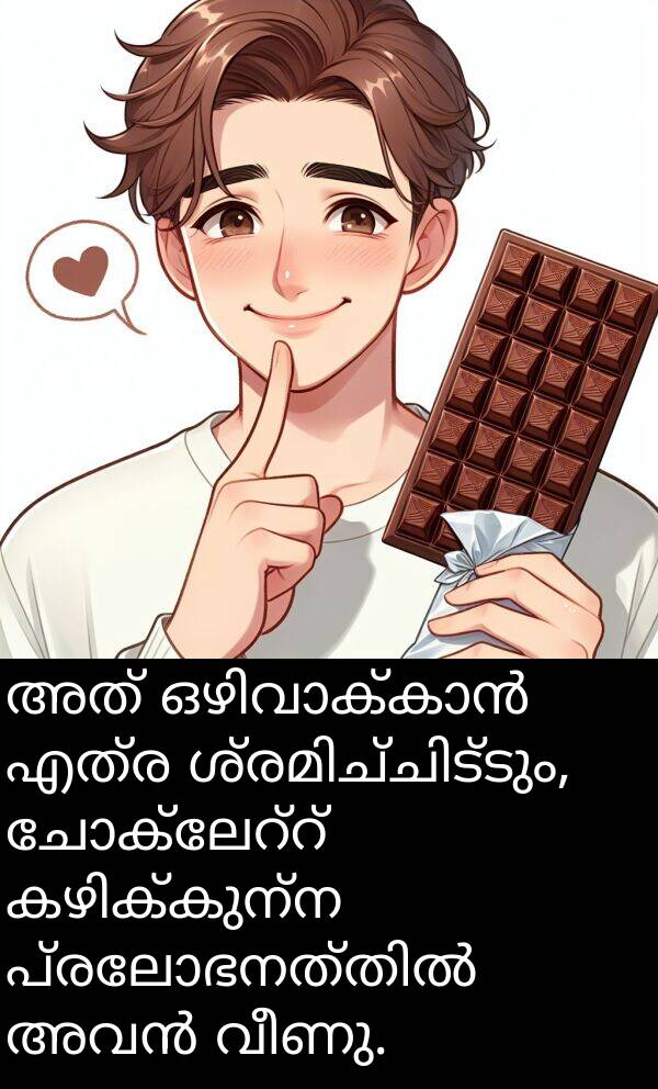 വീണു: അത് ഒഴിവാക്കാൻ എത്ര ശ്രമിച്ചിട്ടും, ചോക്ലേറ്റ് കഴിക്കുന്ന പ്രലോഭനത്തിൽ അവൻ വീണു.