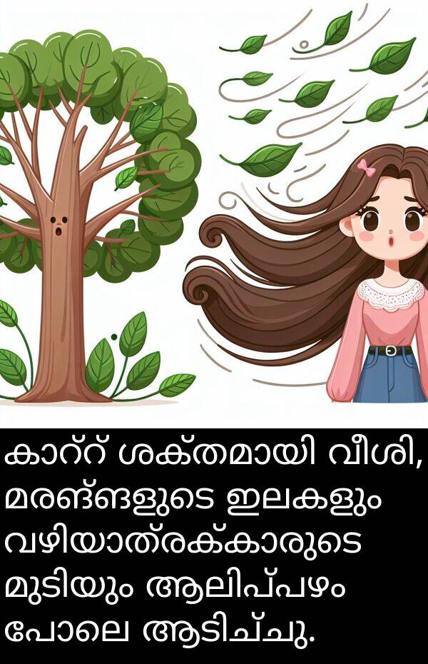 പോലെ: കാറ്റ് ശക്തമായി വീശി, മരങ്ങളുടെ ഇലകളും വഴിയാത്രക്കാരുടെ മുടിയും ആലിപ്പഴം പോലെ ആടിച്ചു.