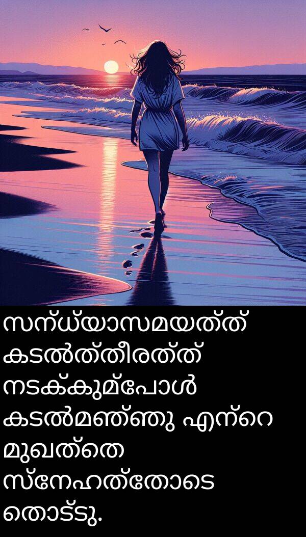 മുഖത്തെ: സന്ധ്യാസമയത്ത് കടൽത്തീരത്ത് നടക്കുമ്പോൾ കടൽമഞ്ഞു എന്റെ മുഖത്തെ സ്നേഹത്തോടെ തൊട്ടു.