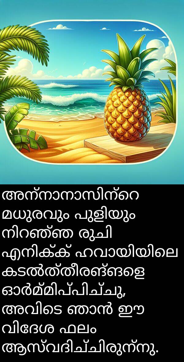 ഫലം: അന്നാനാസിന്റെ മധുരവും പുളിയും നിറഞ്ഞ രുചി എനിക്ക് ഹവായിയിലെ കടൽത്തീരങ്ങളെ ഓർമ്മിപ്പിച്ചു, അവിടെ ഞാൻ ഈ വിദേശ ഫലം ആസ്വദിച്ചിരുന്നു.