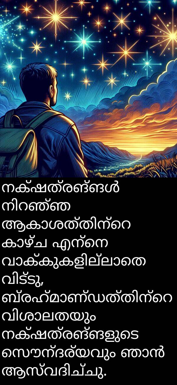 നക്ഷത്രങ്ങളുടെ: നക്ഷത്രങ്ങൾ നിറഞ്ഞ ആകാശത്തിന്റെ കാഴ്ച എന്നെ വാക്കുകളില്ലാതെ വിട്ടു, ബ്രഹ്മാണ്ഡത്തിന്റെ വിശാലതയും നക്ഷത്രങ്ങളുടെ സൌന്ദര്യവും ഞാൻ ആസ്വദിച്ചു.
