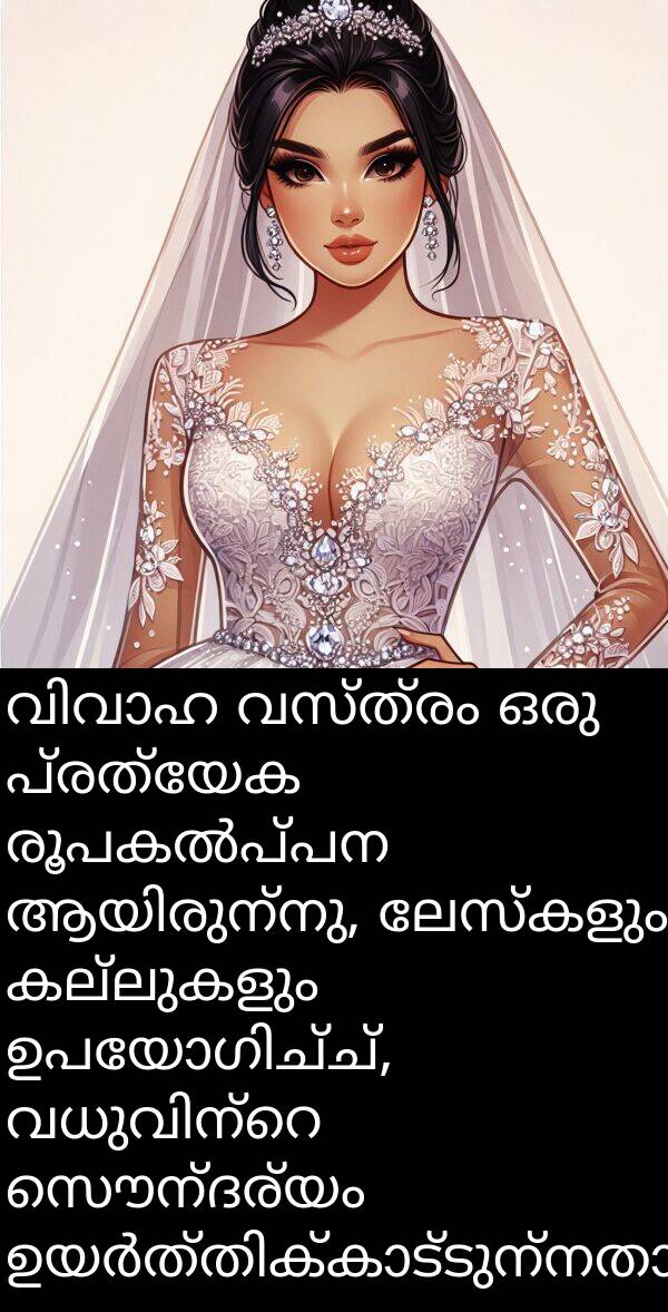 സൌന്ദര്യം: വിവാഹ വസ്ത്രം ഒരു പ്രത്യേക രൂപകൽപ്പന ആയിരുന്നു, ലേസ്‌കളും കല്ലുകളും ഉപയോഗിച്ച്, വധുവിന്റെ സൌന്ദര്യം ഉയർത്തിക്കാട്ടുന്നതായിരുന്നു.