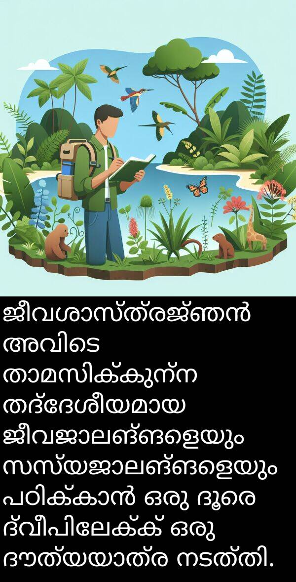 ദൂരെ: ജീവശാസ്ത്രജ്ഞൻ അവിടെ താമസിക്കുന്ന തദ്ദേശീയമായ ജീവജാലങ്ങളെയും സസ്യജാലങ്ങളെയും പഠിക്കാൻ ഒരു ദൂരെ ദ്വീപിലേക്ക് ഒരു ദൗത്യയാത്ര നടത്തി.