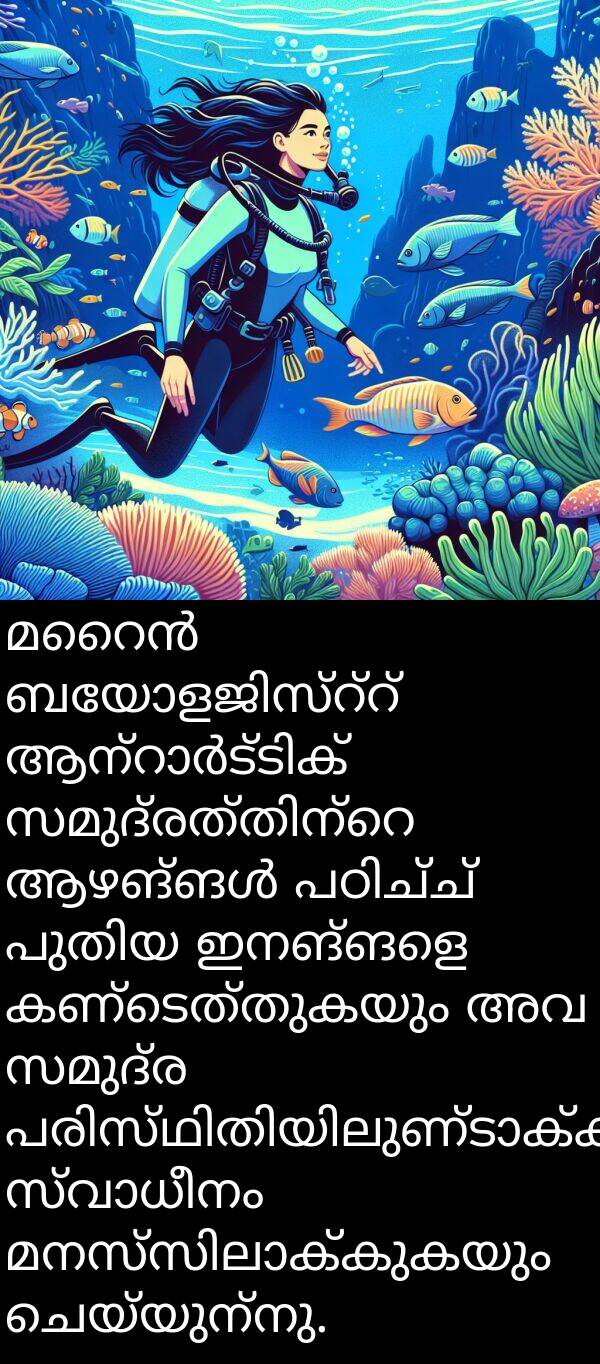 ചെയ്യുന്നു: മറൈൻ ബയോളജിസ്റ്റ് ആന്റാർട്ടിക് സമുദ്രത്തിന്റെ ആഴങ്ങൾ പഠിച്ച് പുതിയ ഇനങ്ങളെ കണ്ടെത്തുകയും അവ സമുദ്ര പരിസ്ഥിതിയിലുണ്ടാക്കുന്ന സ്വാധീനം മനസ്സിലാക്കുകയും ചെയ്യുന്നു.