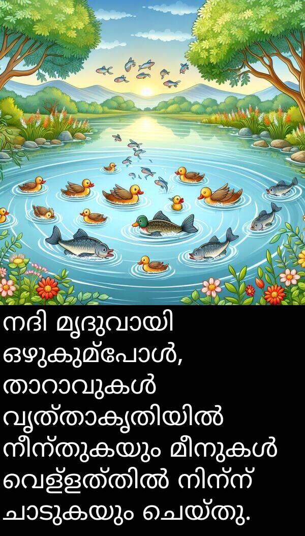 നീന്തുകയും: നദി മൃദുവായി ഒഴുകുമ്പോൾ, താറാവുകൾ വൃത്താകൃതിയിൽ നീന്തുകയും മീനുകൾ വെള്ളത്തിൽ നിന്ന് ചാടുകയും ചെയ്തു.