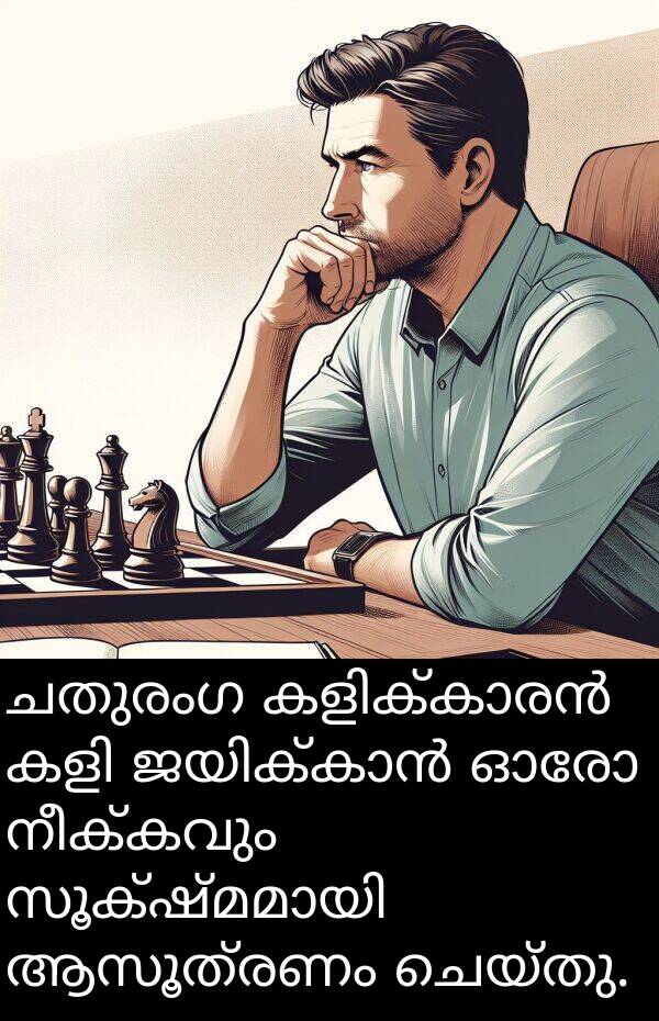 ചതുരംഗ: ചതുരംഗ കളിക്കാരൻ കളി ജയിക്കാൻ ഓരോ നീക്കവും സൂക്ഷ്മമായി ആസൂത്രണം ചെയ്തു.
