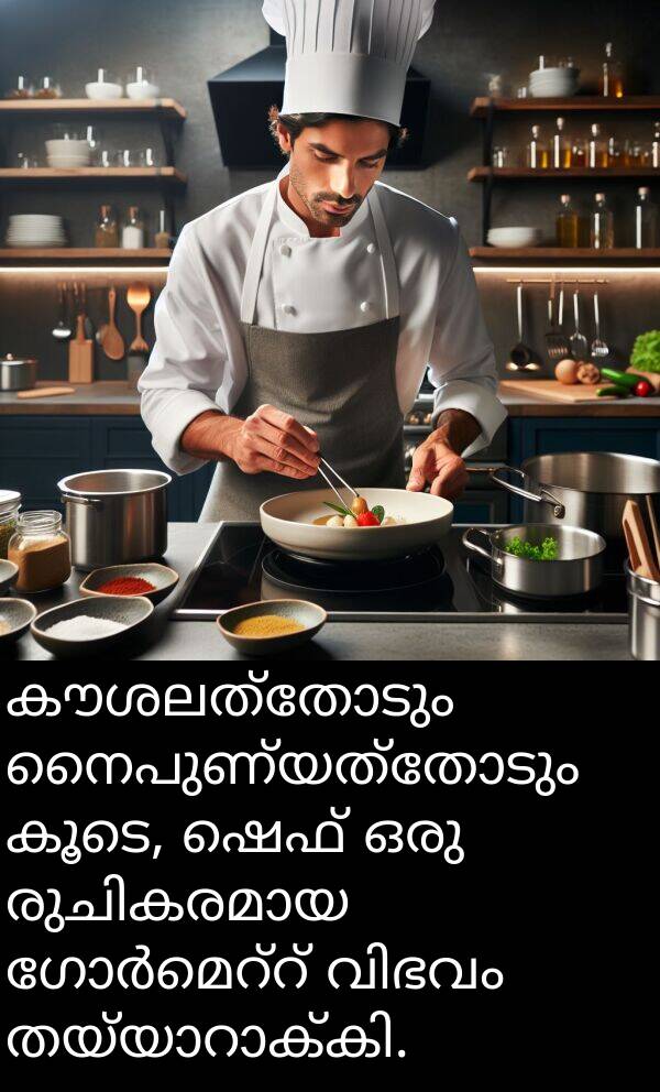 നൈപുണ്യത്തോടും: കൗശലത്തോടും നൈപുണ്യത്തോടും കൂടെ, ഷെഫ് ഒരു രുചികരമായ ഗോർമെറ്റ് വിഭവം തയ്യാറാക്കി.