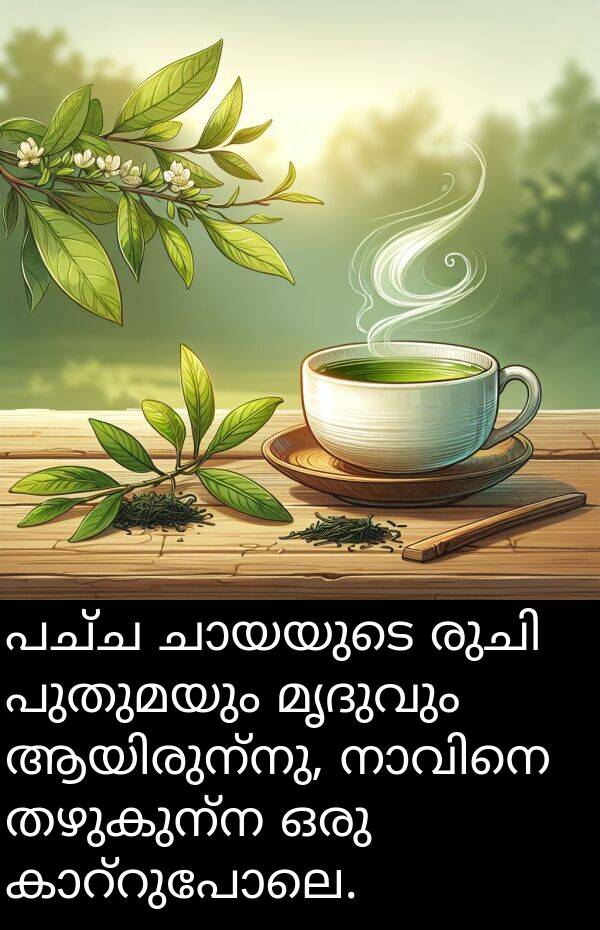 മൃദുവും: പച്ച ചായയുടെ രുചി പുതുമയും മൃദുവും ആയിരുന്നു, നാവിനെ തഴുകുന്ന ഒരു കാറ്റുപോലെ.