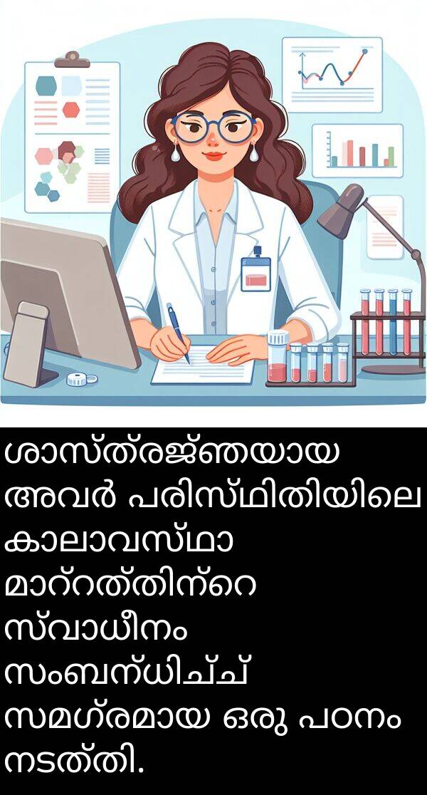 പഠനം: ശാസ്ത്രജ്ഞയായ അവർ പരിസ്ഥിതിയിലെ കാലാവസ്ഥാ മാറ്റത്തിന്റെ സ്വാധീനം സംബന്ധിച്ച് സമഗ്രമായ ഒരു പഠനം നടത്തി.