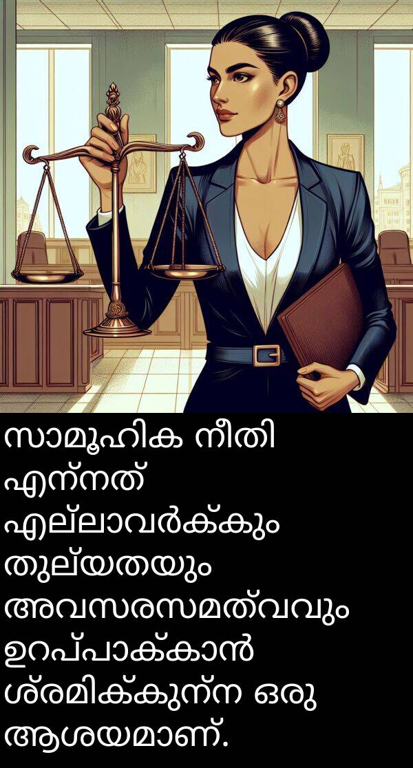 തുല്യതയും: സാമൂഹിക നീതി എന്നത് എല്ലാവർക്കും തുല്യതയും അവസരസമത്വവും ഉറപ്പാക്കാൻ ശ്രമിക്കുന്ന ഒരു ആശയമാണ്.