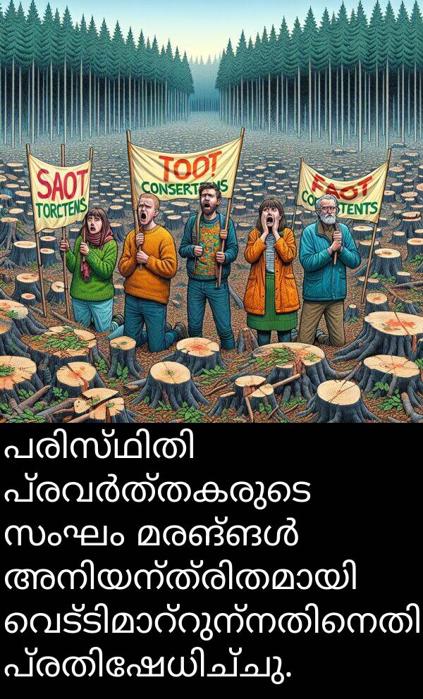 സംഘം: പരിസ്ഥിതി പ്രവർത്തകരുടെ സംഘം മരങ്ങൾ അനിയന്ത്രിതമായി വെട്ടിമാറ്റുന്നതിനെതിരെ പ്രതിഷേധിച്ചു.