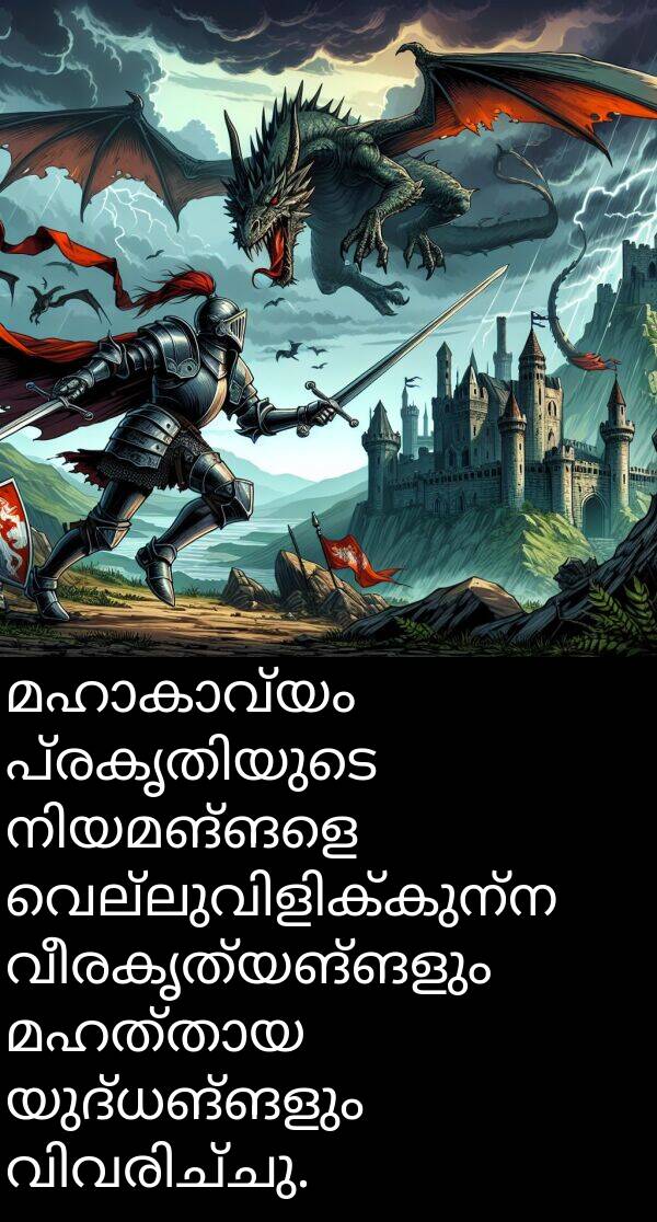 യുദ്ധങ്ങളും: മഹാകാവ്യം പ്രകൃതിയുടെ നിയമങ്ങളെ വെല്ലുവിളിക്കുന്ന വീരകൃത്യങ്ങളും മഹത്തായ യുദ്ധങ്ങളും വിവരിച്ചു.