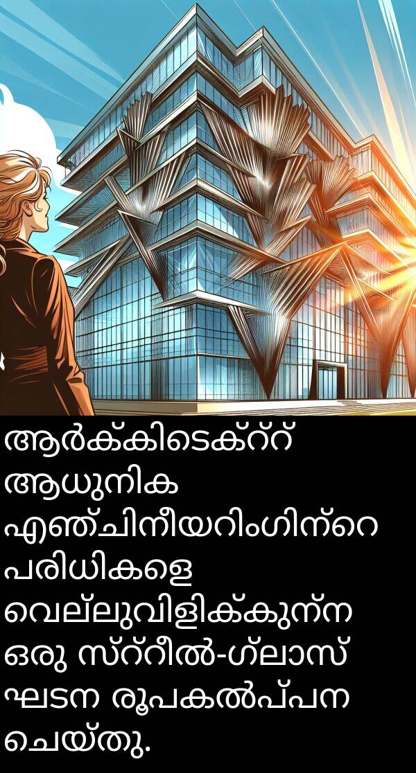 ഘടന: ആർക്കിടെക്റ്റ് ആധുനിക എഞ്ചിനീയറിംഗിന്റെ പരിധികളെ വെല്ലുവിളിക്കുന്ന ഒരു സ്റ്റീൽ-ഗ്ലാസ് ഘടന രൂപകൽപ്പന ചെയ്തു.