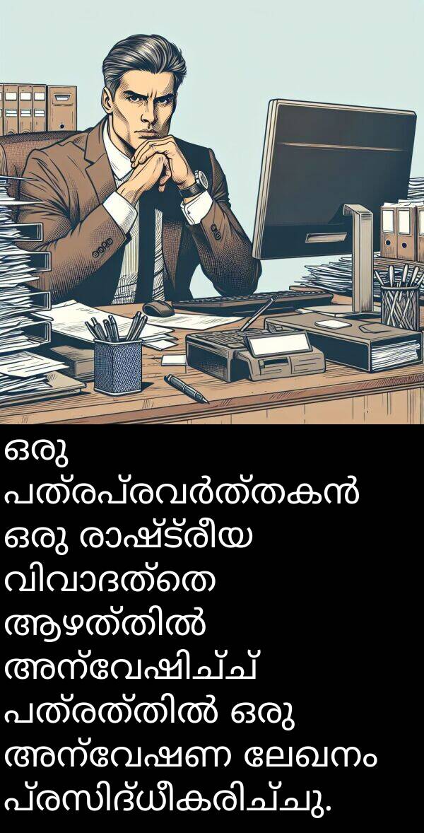 ലേഖനം: ഒരു പത്രപ്രവർത്തകൻ ഒരു രാഷ്ട്രീയ വിവാദത്തെ ആഴത്തിൽ അന്വേഷിച്ച് പത്രത്തിൽ ഒരു അന്വേഷണ ലേഖനം പ്രസിദ്ധീകരിച്ചു.
