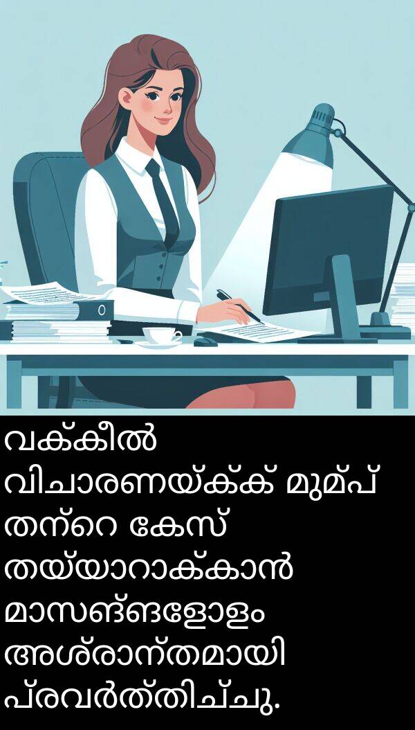മുമ്പ്: വക്കീൽ വിചാരണയ്ക്ക് മുമ്പ് തന്റെ കേസ് തയ്യാറാക്കാൻ മാസങ്ങളോളം അശ്രാന്തമായി പ്രവർത്തിച്ചു.