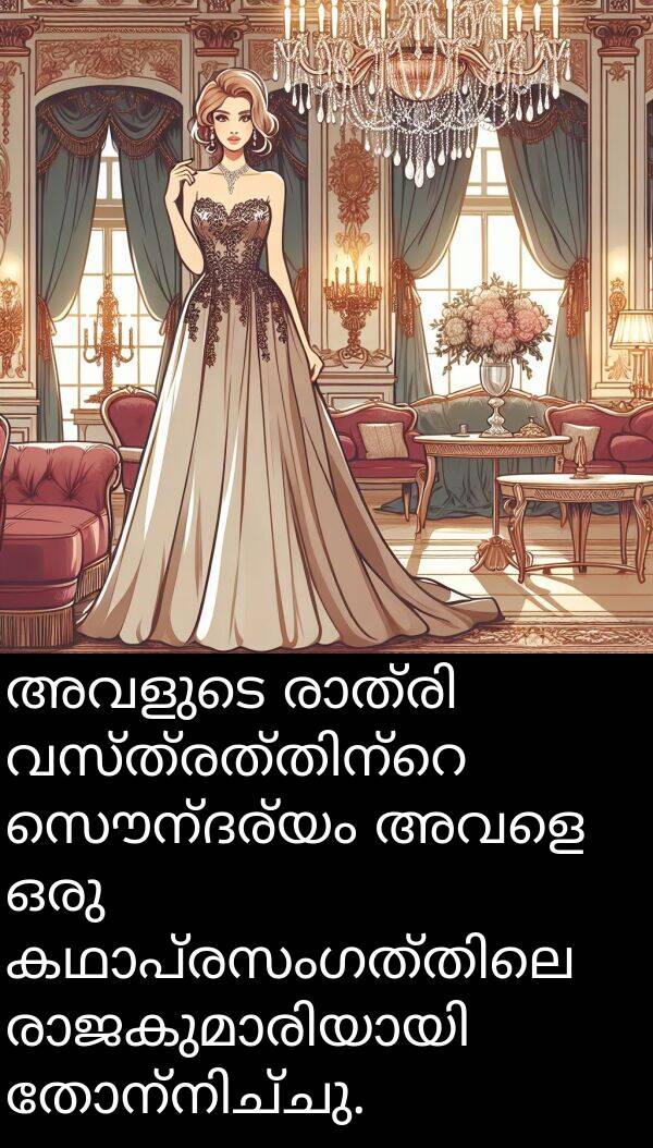 സൌന്ദര്യം: അവളുടെ രാത്രി വസ്ത്രത്തിന്റെ സൌന്ദര്യം അവളെ ഒരു കഥാപ്രസംഗത്തിലെ രാജകുമാരിയായി തോന്നിച്ചു.