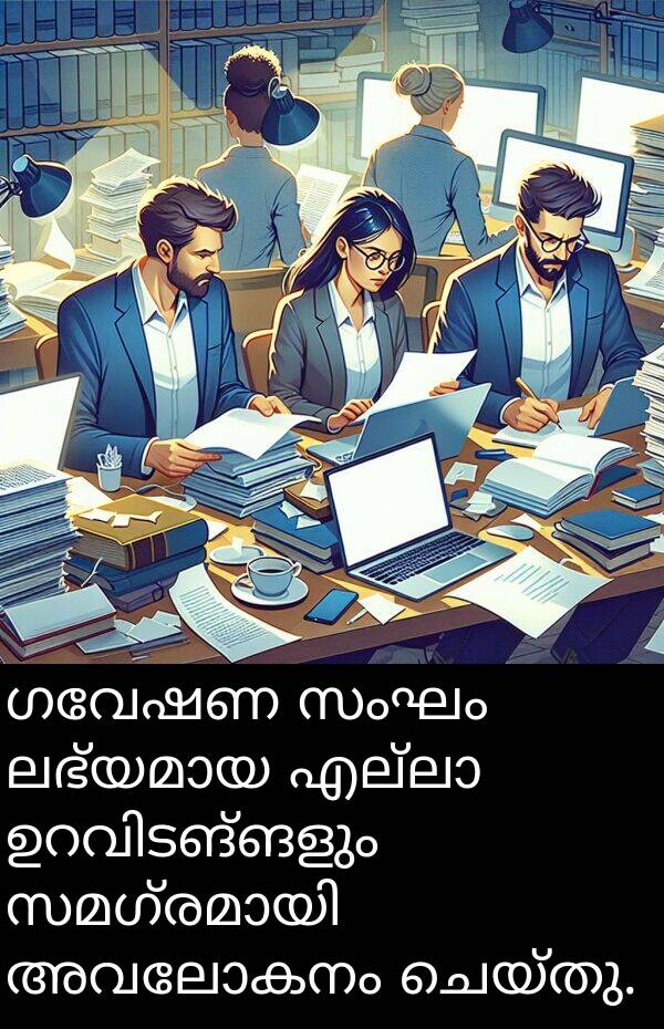 ഗവേഷണ: ഗവേഷണ സംഘം ലഭ്യമായ എല്ലാ ഉറവിടങ്ങളും സമഗ്രമായി അവലോകനം ചെയ്തു.