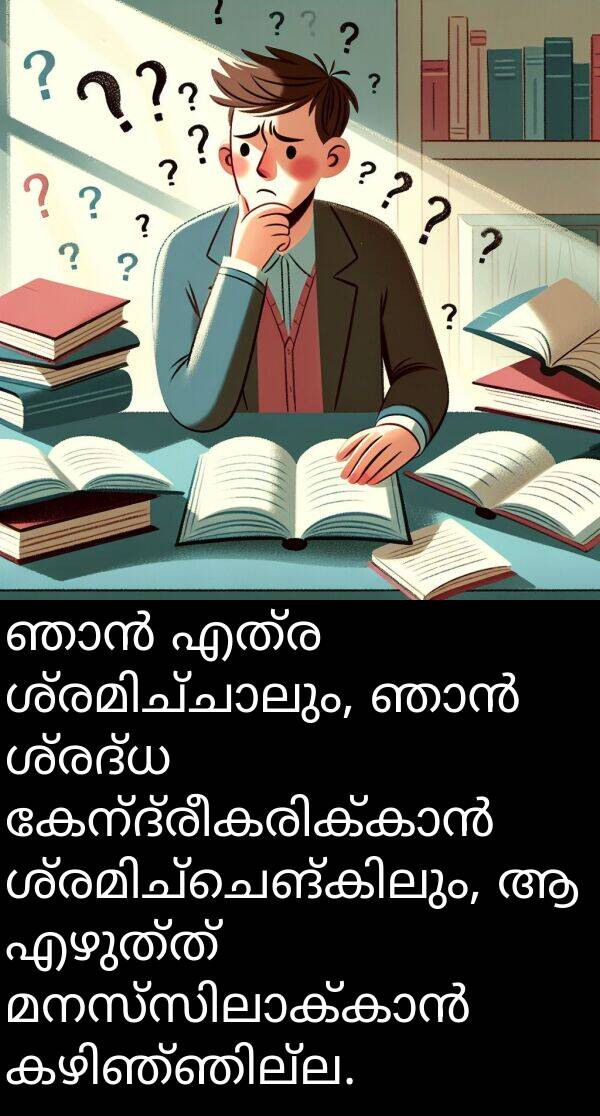 എഴുത്ത്: ഞാൻ എത്ര ശ്രമിച്ചാലും, ഞാൻ ശ്രദ്ധ കേന്ദ്രീകരിക്കാൻ ശ്രമിച്ചെങ്കിലും, ആ എഴുത്ത് മനസ്സിലാക്കാൻ കഴിഞ്ഞില്ല.