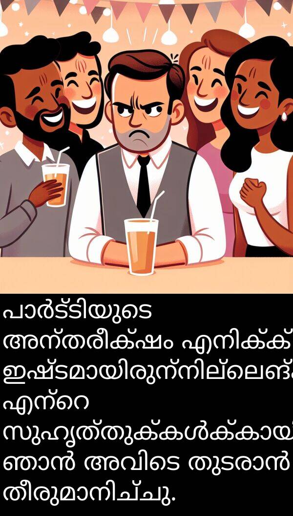 അന്തരീക്ഷം: പാർട്ടിയുടെ അന്തരീക്ഷം എനിക്ക് ഇഷ്ടമായിരുന്നില്ലെങ്കിലും, എന്റെ സുഹൃത്തുക്കൾക്കായി ഞാൻ അവിടെ തുടരാൻ തീരുമാനിച്ചു.