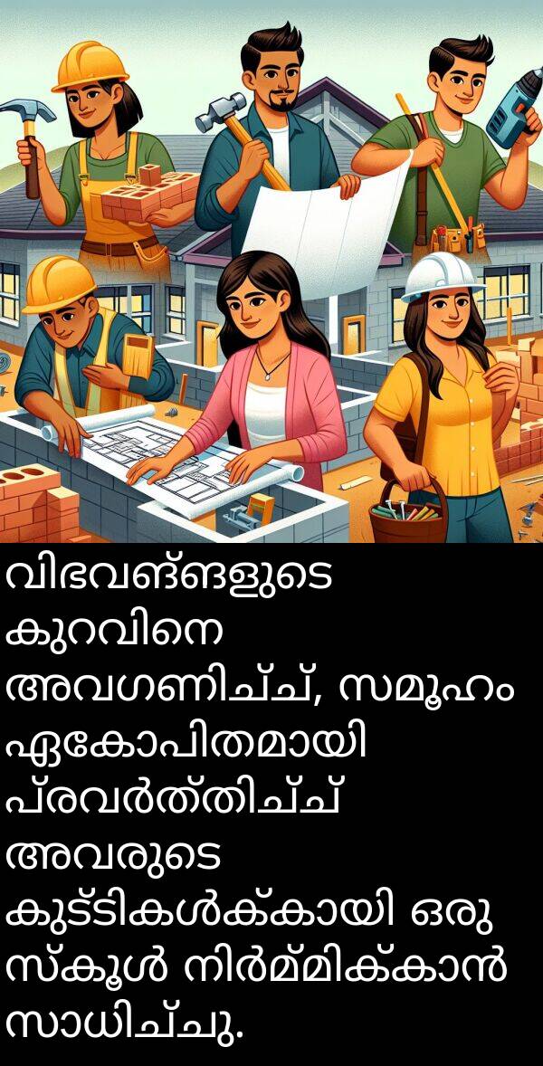 സമൂഹം: വിഭവങ്ങളുടെ കുറവിനെ അവഗണിച്ച്, സമൂഹം ഏകോപിതമായി പ്രവർത്തിച്ച് അവരുടെ കുട്ടികൾക്കായി ഒരു സ്കൂൾ നിർമ്മിക്കാൻ സാധിച്ചു.