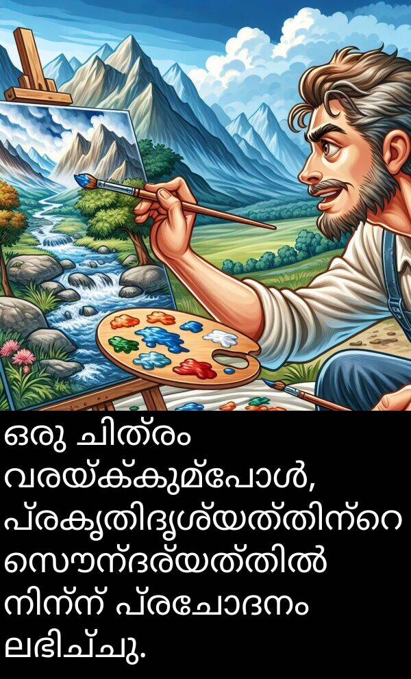 പ്രചോദനം: ഒരു ചിത്രം വരയ്ക്കുമ്പോൾ, പ്രകൃതിദൃശ്യത്തിന്റെ സൌന്ദര്യത്തിൽ നിന്ന് പ്രചോദനം ലഭിച്ചു.