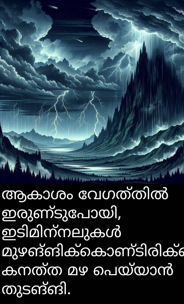 കനത്ത: ആകാശം വേഗത്തിൽ ഇരുണ്ടുപോയി, ഇടിമിന്നലുകൾ മുഴങ്ങിക്കൊണ്ടിരിക്കെ കനത്ത മഴ പെയ്യാൻ തുടങ്ങി.