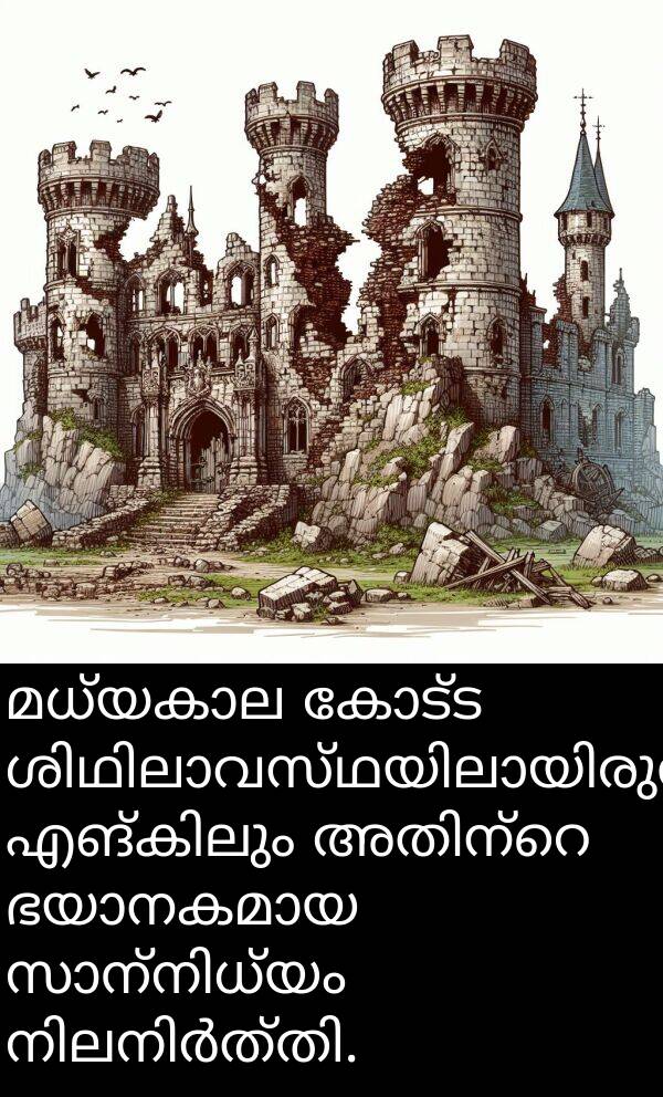 കോട്ട: മധ്യകാല കോട്ട ശിഥിലാവസ്ഥയിലായിരുന്നു, എങ്കിലും അതിന്റെ ഭയാനകമായ സാന്നിധ്യം നിലനിർത്തി.