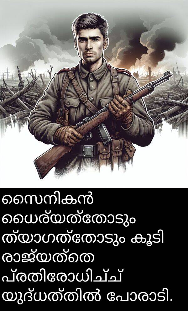 ധൈര്യത്തോടും: സൈനികൻ ധൈര്യത്തോടും ത്യാഗത്തോടും കൂടി രാജ്യത്തെ പ്രതിരോധിച്ച് യുദ്ധത്തിൽ പോരാടി.
