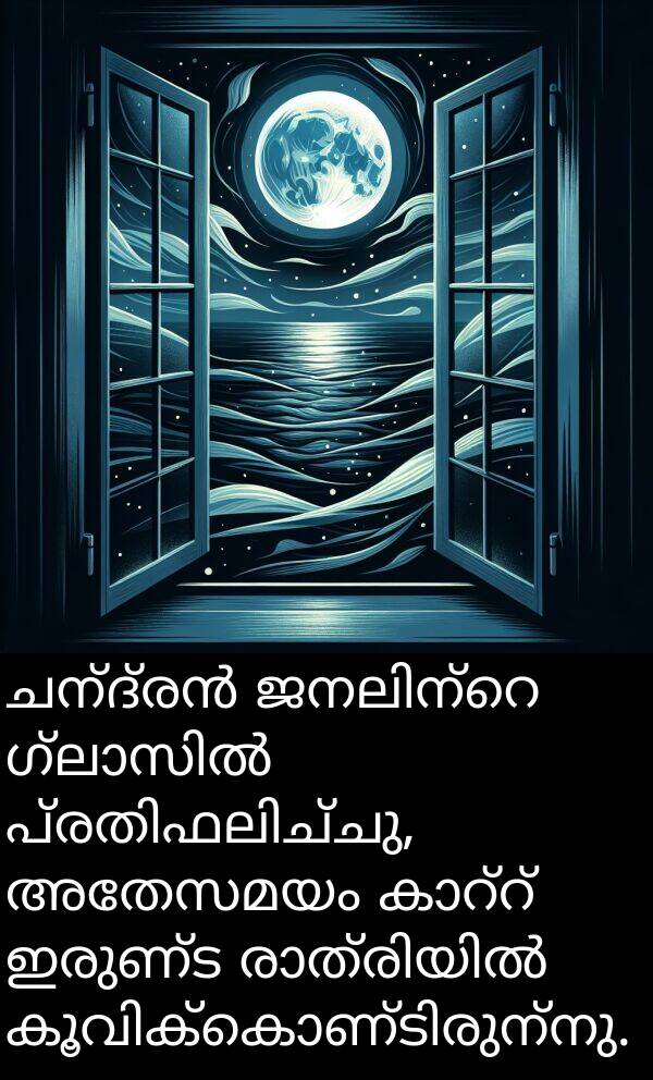 അതേസമയം: ചന്ദ്രൻ ജനലിന്റെ ഗ്ലാസിൽ പ്രതിഫലിച്ചു, അതേസമയം കാറ്റ് ഇരുണ്ട രാത്രിയിൽ കൂവിക്കൊണ്ടിരുന്നു.