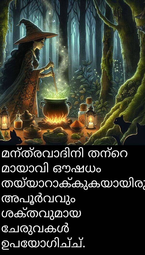 ഔഷധം: മന്ത്രവാദിനി തന്റെ മായാവി ഔഷധം തയ്യാറാക്കുകയായിരുന്നു, അപൂർവവും ശക്തവുമായ ചേരുവകൾ ഉപയോഗിച്ച്.