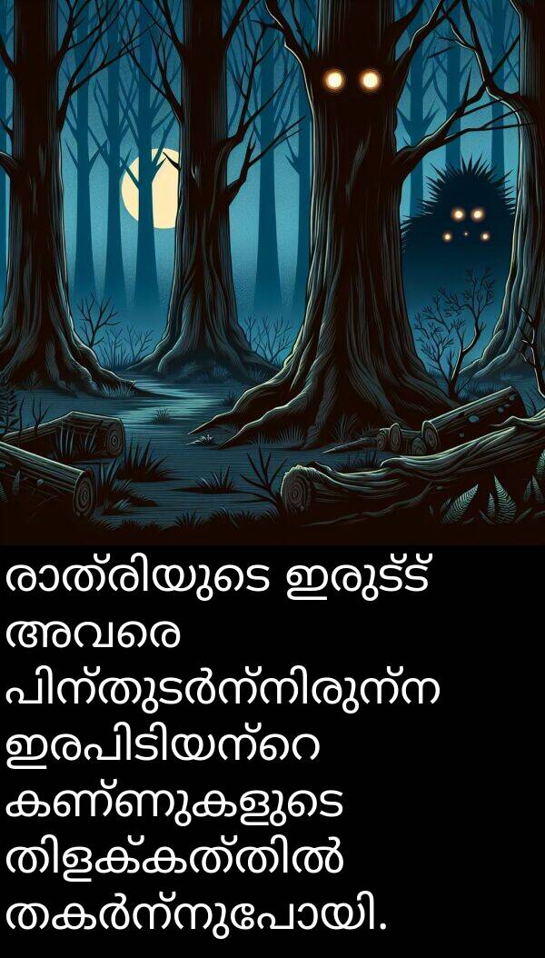 ഇരുട്ട്: രാത്രിയുടെ ഇരുട്ട് അവരെ പിന്തുടർന്നിരുന്ന ഇരപിടിയന്റെ കണ്ണുകളുടെ തിളക്കത്തിൽ തകർന്നുപോയി.