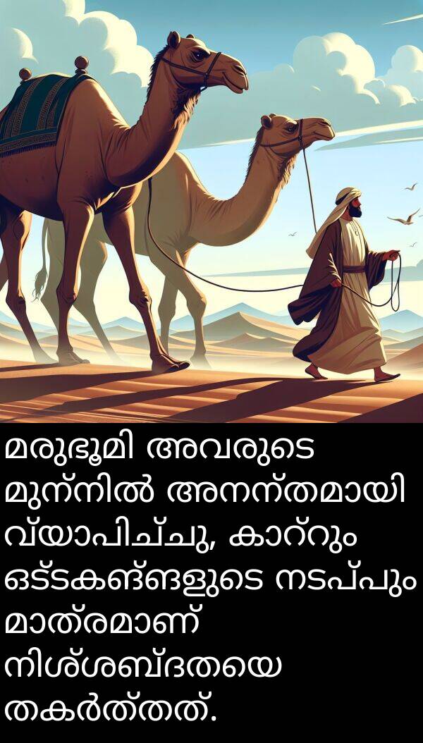 ഒട്ടകങ്ങളുടെ: മരുഭൂമി അവരുടെ മുന്നിൽ അനന്തമായി വ്യാപിച്ചു, കാറ്റും ഒട്ടകങ്ങളുടെ നടപ്പും മാത്രമാണ് നിശ്ശബ്ദതയെ തകർത്തത്.