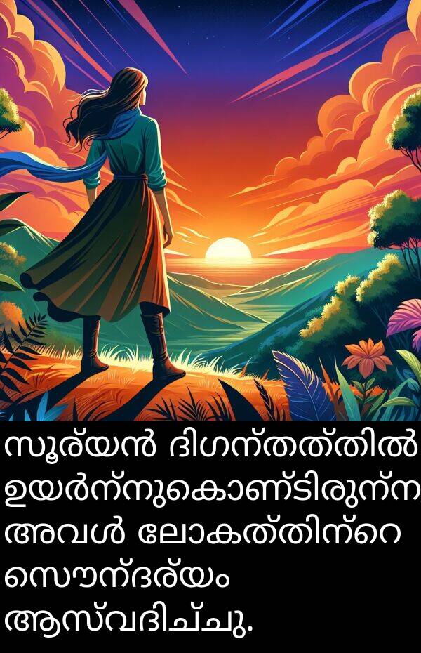സൌന്ദര്യം: സൂര്യൻ ദിഗന്തത്തിൽ ഉയർന്നുകൊണ്ടിരുന്നു, അവൾ ലോകത്തിന്റെ സൌന്ദര്യം ആസ്വദിച്ചു.