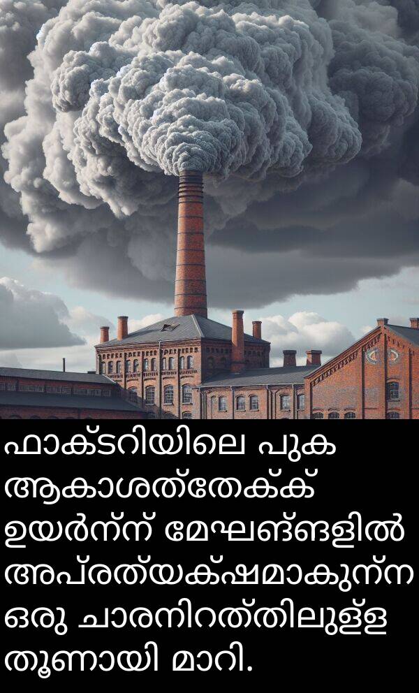 പുക: ഫാക്ടറിയിലെ പുക ആകാശത്തേക്ക് ഉയർന്ന് മേഘങ്ങളിൽ അപ്രത്യക്ഷമാകുന്ന ഒരു ചാരനിറത്തിലുള്ള തൂണായി മാറി.