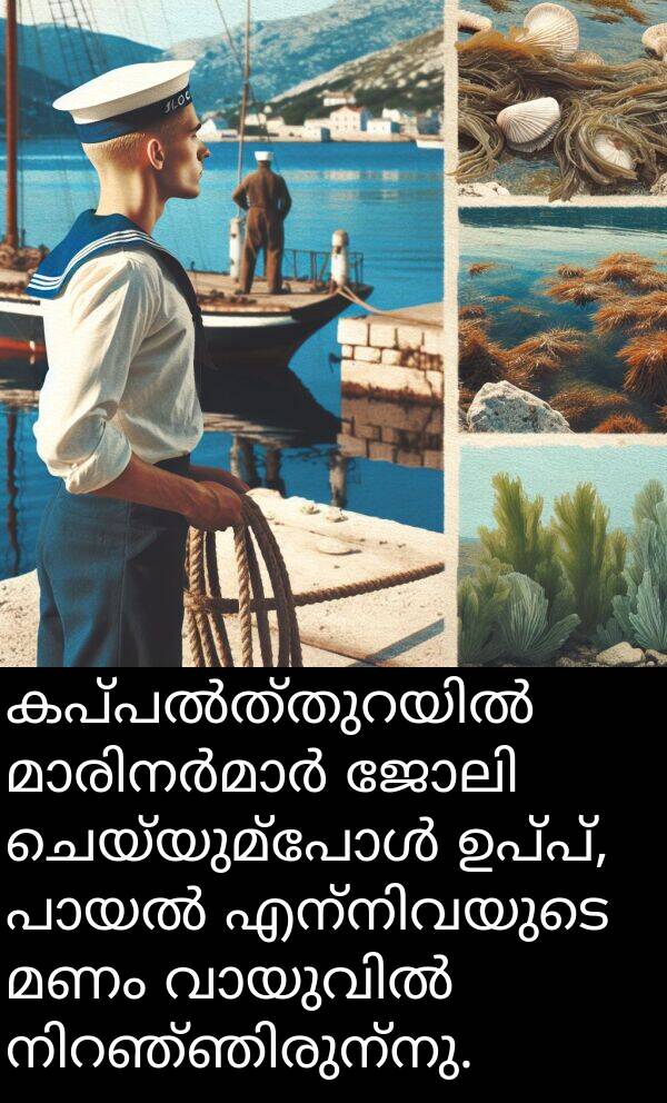 മണം: കപ്പൽത്തുറയിൽ മാരിനർമാർ ജോലി ചെയ്യുമ്പോൾ ഉപ്പ്, പായൽ എന്നിവയുടെ മണം വായുവിൽ നിറഞ്ഞിരുന്നു.