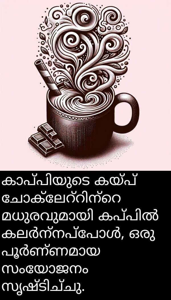 കയ്പ്: കാപ്പിയുടെ കയ്പ് ചോക്ലേറ്റിന്റെ മധുരവുമായി കപ്പിൽ കലർന്നപ്പോൾ, ഒരു പൂർണ്ണമായ സംയോജനം സൃഷ്ടിച്ചു.