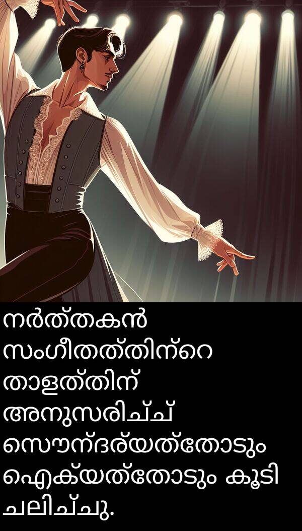 ഐക്യത്തോടും: നർത്തകൻ സംഗീതത്തിന്റെ താളത്തിന് അനുസരിച്ച് സൌന്ദര്യത്തോടും ഐക്യത്തോടും കൂടി ചലിച്ചു.