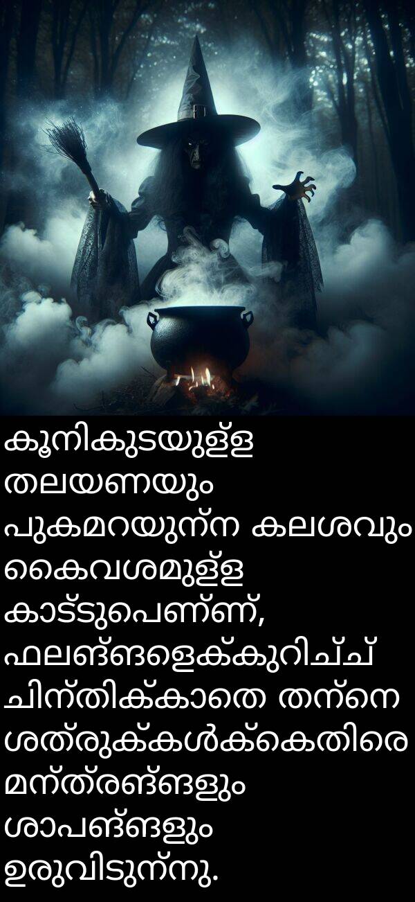 മന്ത്രങ്ങളും: കൂനികുടയുള്ള തലയണയും പുകമറയുന്ന കലശവും കൈവശമുള്ള കാട്ടുപെണ്ണ്, ഫലങ്ങളെക്കുറിച്ച് ചിന്തിക്കാതെ തന്നെ ശത്രുക്കൾക്കെതിരെ മന്ത്രങ്ങളും ശാപങ്ങളും ഉരുവിടുന്നു.