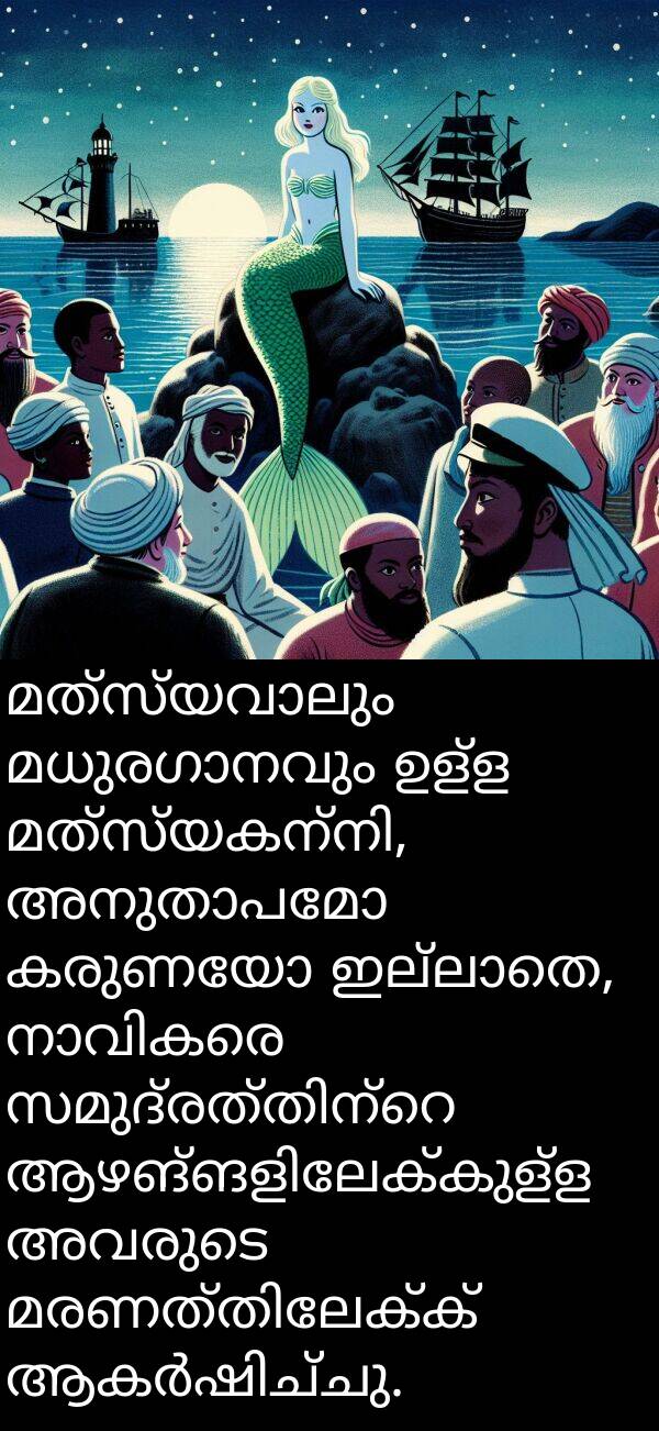 കരുണയോ: മത്സ്യവാലും മധുരഗാനവും ഉള്ള മത്സ്യകന്നി, അനുതാപമോ കരുണയോ ഇല്ലാതെ, നാവികരെ സമുദ്രത്തിന്റെ ആഴങ്ങളിലേക്കുള്ള അവരുടെ മരണത്തിലേക്ക് ആകർഷിച്ചു.