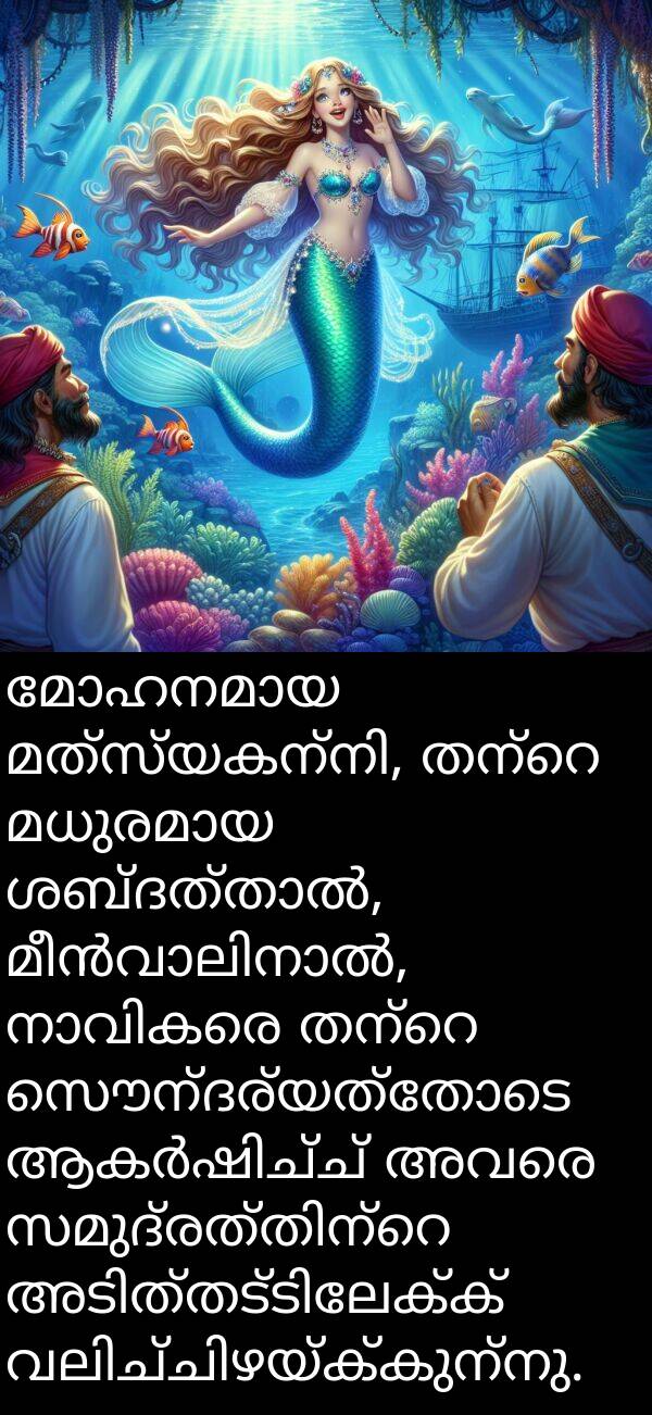 സൌന്ദര്യത്തോടെ: മോഹനമായ മത്സ്യകന്നി, തന്റെ മധുരമായ ശബ്ദത്താൽ, മീൻവാലിനാൽ, നാവികരെ തന്റെ സൌന്ദര്യത്തോടെ ആകർഷിച്ച് അവരെ സമുദ്രത്തിന്റെ അടിത്തട്ടിലേക്ക് വലിച്ചിഴയ്ക്കുന്നു.