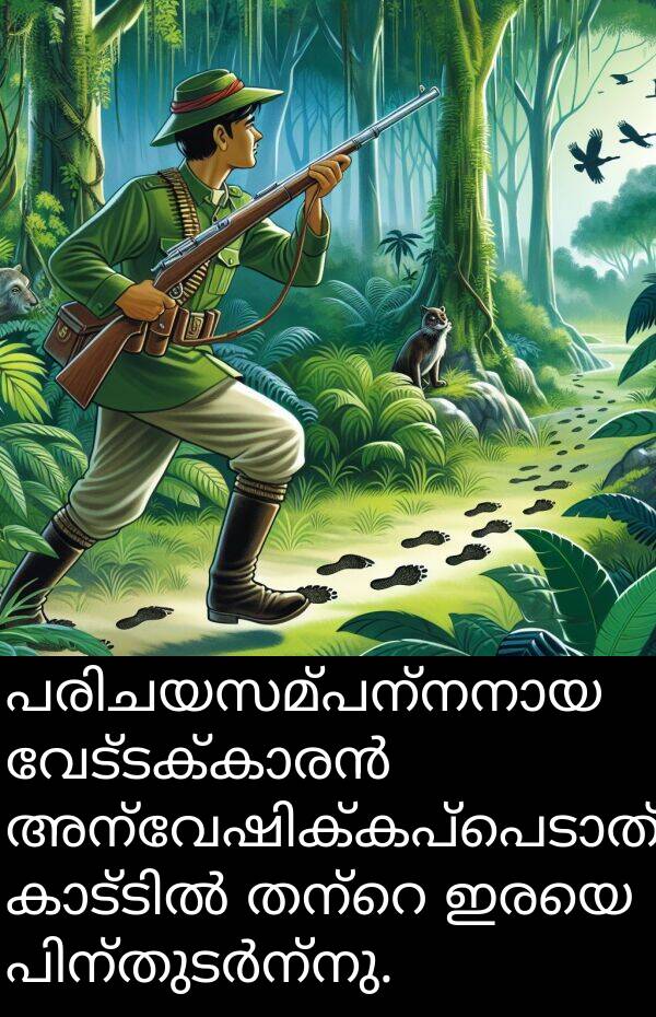 ഇരയെ: പരിചയസമ്പന്നനായ വേട്ടക്കാരൻ അന്വേഷിക്കപ്പെടാത്ത കാട്ടിൽ തന്റെ ഇരയെ പിന്തുടർന്നു.