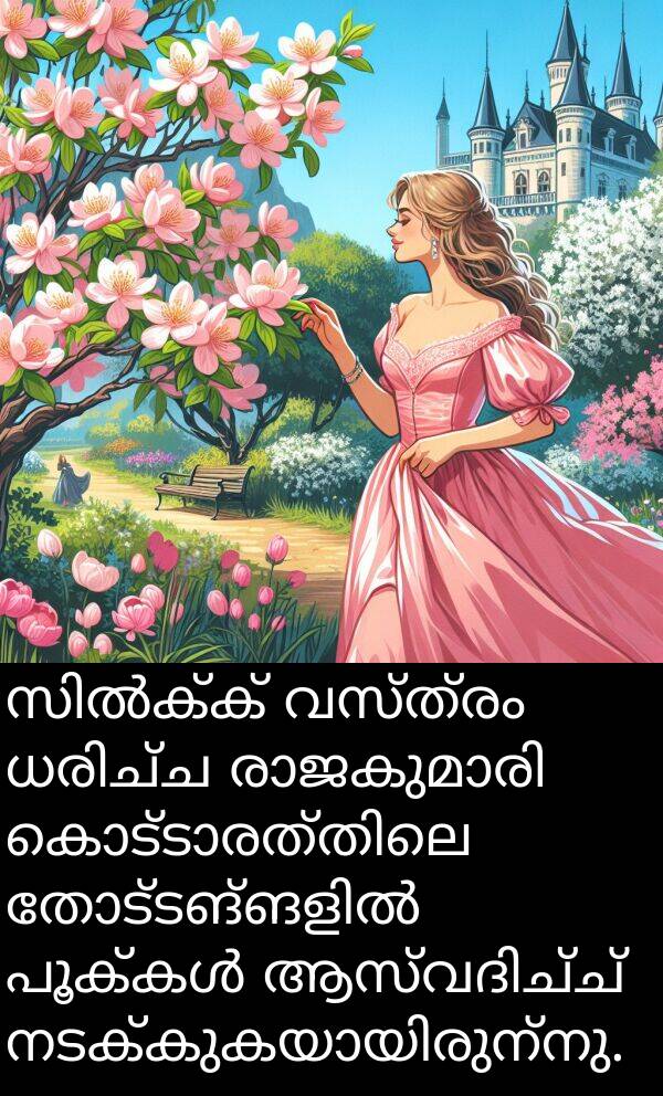 വസ്ത്രം: സിൽക്ക് വസ്ത്രം ധരിച്ച രാജകുമാരി കൊട്ടാരത്തിലെ തോട്ടങ്ങളിൽ പൂക്കൾ ആസ്വദിച്ച് നടക്കുകയായിരുന്നു.