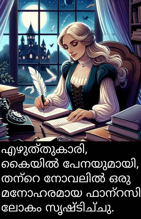 ലോകം: എഴുത്തുകാരി, കൈയിൽ പേനയുമായി, തന്റെ നോവലിൽ ഒരു മനോഹരമായ ഫാന്റസി ലോകം സൃഷ്ടിച്ചു.