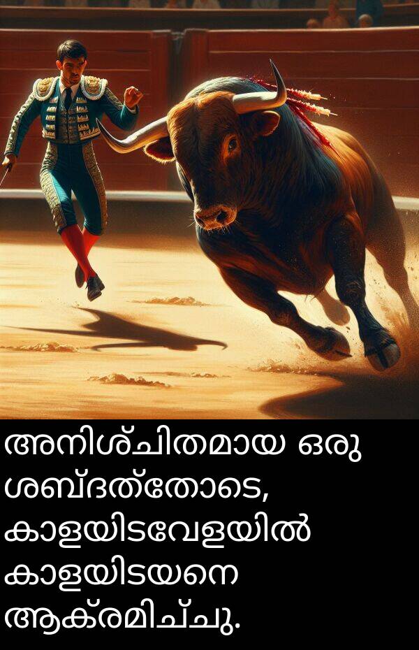 ശബ്ദത്തോടെ: അനിശ്ചിതമായ ഒരു ശബ്ദത്തോടെ, കാളയിടവേളയിൽ കാളയിടയനെ ആക്രമിച്ചു.