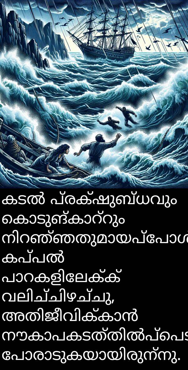 പ്രക്ഷുബ്ധവും: കടൽ പ്രക്ഷുബ്ധവും കൊടുങ്കാറ്റും നിറഞ്ഞതുമായപ്പോൾ കപ്പൽ പാറകളിലേക്ക് വലിച്ചിഴച്ചു, അതിജീവിക്കാൻ നൗകാപകടത്തിൽപ്പെട്ടവർ പോരാടുകയായിരുന്നു.