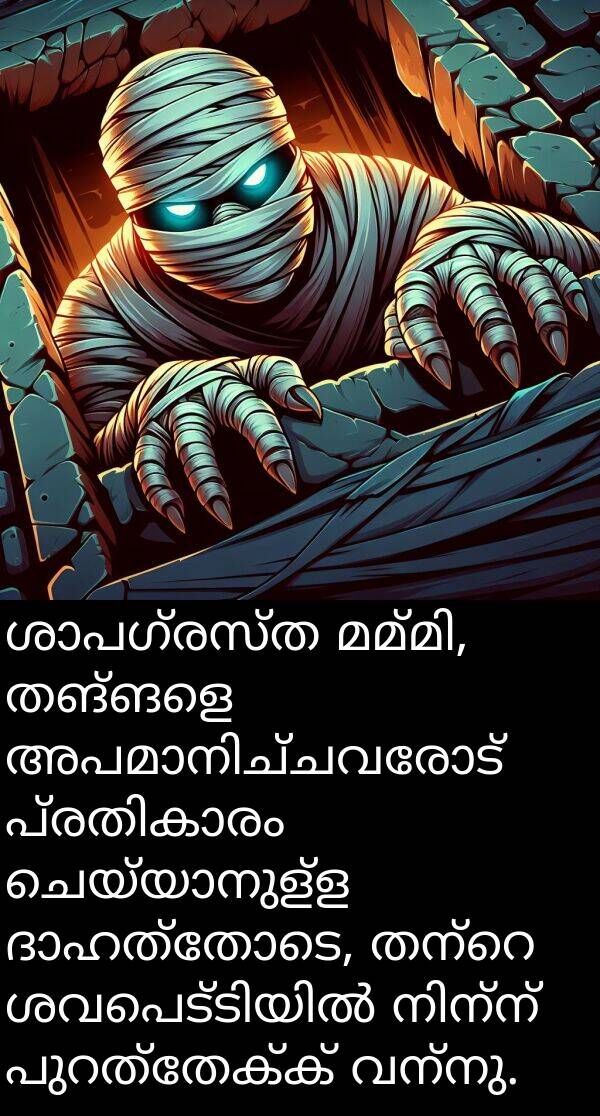 തങ്ങളെ: ശാപഗ്രസ്ത മമ്മി, തങ്ങളെ അപമാനിച്ചവരോട് പ്രതികാരം ചെയ്യാനുള്ള ദാഹത്തോടെ, തന്റെ ശവപെട്ടിയിൽ നിന്ന് പുറത്തേക്ക് വന്നു.