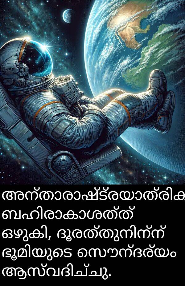 സൌന്ദര്യം: അന്താരാഷ്ട്രയാത്രികൻ ബഹിരാകാശത്ത് ഒഴുകി, ദൂരത്തുനിന്ന് ഭൂമിയുടെ സൌന്ദര്യം ആസ്വദിച്ചു.