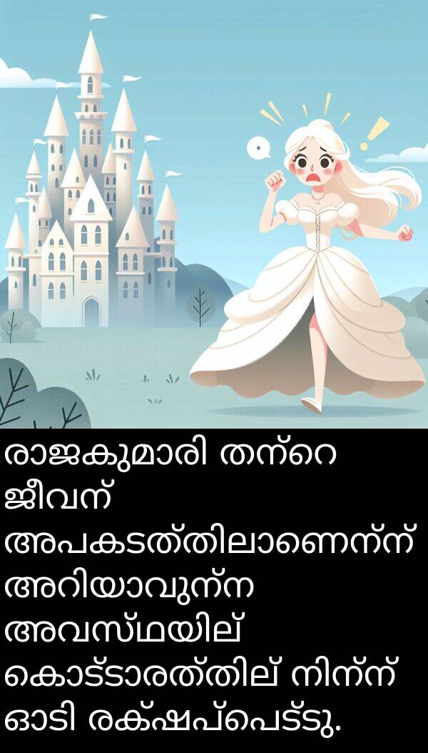 രക്ഷപ്പെട്ടു: രാജകുമാരി തന്റെ ജീവന്‍ അപകടത്തിലാണെന്ന് അറിയാവുന്ന അവസ്ഥയില്‍ കൊട്ടാരത്തില്‍ നിന്ന് ഓടി രക്ഷപ്പെട്ടു.
