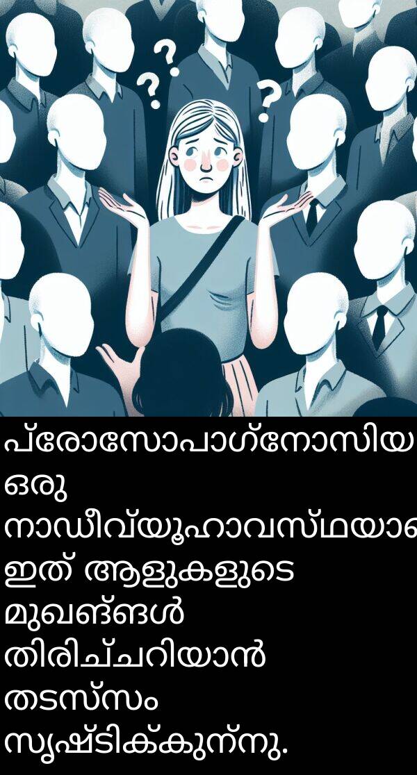 തടസ്സം: പ്രോസോപാഗ്നോസിയ ഒരു നാഡീവ്യൂഹാവസ്ഥയാണ്, ഇത് ആളുകളുടെ മുഖങ്ങൾ തിരിച്ചറിയാൻ തടസ്സം സൃഷ്ടിക്കുന്നു.